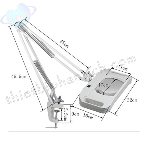 Kính lúp công nghiệp, kẹp bàn, thân gập, thấu kính chữ nhật xanh LT-86G 10X LED 